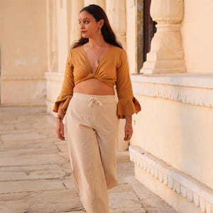 Boho Cotton Wide Leg Pants for Women | Handmade Natural & Olive Green Pants | High Waist Drawstring Trousers | Eco Friendly Hippie Pants