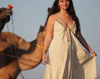 Handgemachtes Boho Baumwolle Sommerkleid: Besticktes Midi Kleid mit V-Ausschnitt