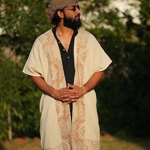 Boho Men&#39;s Kimono | Tribal Print Cotton Robe | Short Sleeve Festival Jacket | Handmade Ethnic Kimono for Men | Natural Desert Style