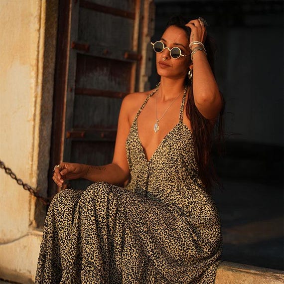 Boho Halter Maxi Dress: Leopard or Peacock Print, Flowy Polyester