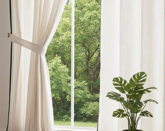 Cortinas de lino beige transparente con ribete negro: cortinas hechas a mano (2 paneles)