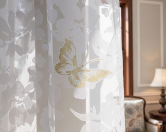 Cortinas blancas transparentes: Jacquard floral con mariposas doradas, tamaño personalizado (2 paneles)