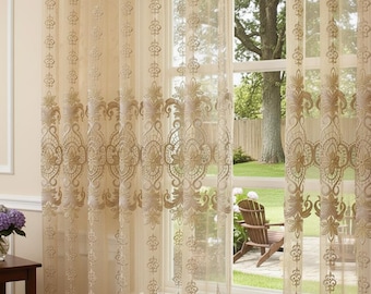 Cortinas de encaje transparente personalizadas: bordado floral vintage, borde festoneado (2 paneles)