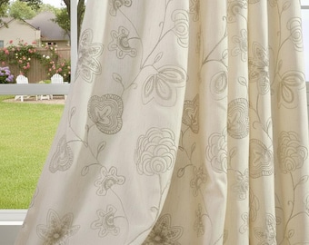 Cortinas a medida, 2 paneles, opacas, con bordado floral beige o verde, para dormitorio o sala de estar.