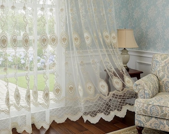 Custom White Sheer Curtains: Gold Vintage Embroidery, Scalloped Lace (2 Panels)
