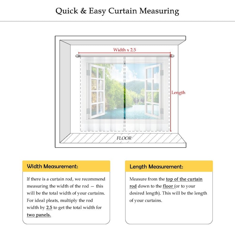 May include: Diagram showing how to measure for curtains. The image depicts a window with open curtains, highlighting width and length measurements. Text provides instructions for measuring the width and length of the curtain rod for accurate curtain sizing.