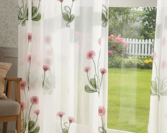 Cortinas transparentes bordadas con girasoles rosas: paneles blancos para ventana (juego de 2)