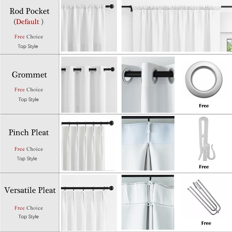 May include: A selection of white curtain panel top styles: rod pocket, grommet, pinch pleat, and versatile pleat. The image provides close-up views of each style, showcasing the hardware and design details. Text on the image reads "Free Choice Top Style".
