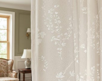 Cortinas transparentes beige personalizadas: Jacquard con hojas florales, dos paneles
