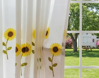 Cortinas blancas transparentes personalizadas con bordado floral de girasoles, 2 paneles para una decoración luminosa del hogar.