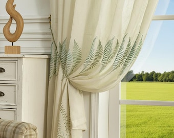 Cortinas de lino transparentes personalizadas con bordado de hojas verdes (juego de 2)