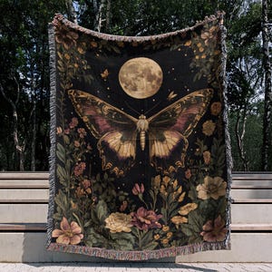 Moon Butterfly Woven Blanket, Boho Floral Wall Tapestry, Cottagecore Throw,Celestial Wall Hanging, Magic Forest Home Decor, Gift for Her