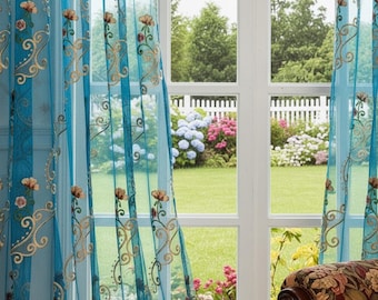 Cortinas azules transparentes con bordado floral dorado Royal Vintage, dos paneles