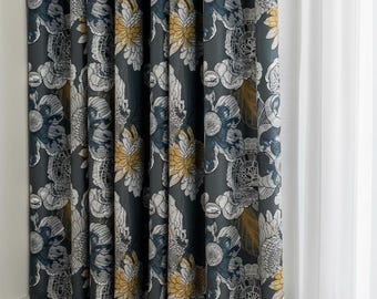 Cortinas opacas vintage negras con estampado floral, tamaño personalizado, cortinas botánicas (2 paneles)