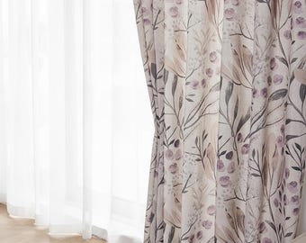 Cortinas a medida, 2 paneles, estampado botánico de hojas beige y moradas, opacas para dormitorio y sala de estar