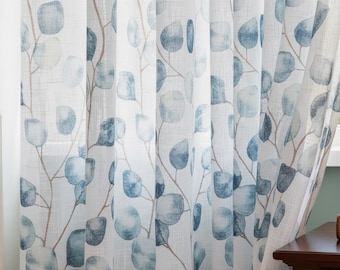Blue Leaf Sheer Curtains: Botanical Print Window Panels