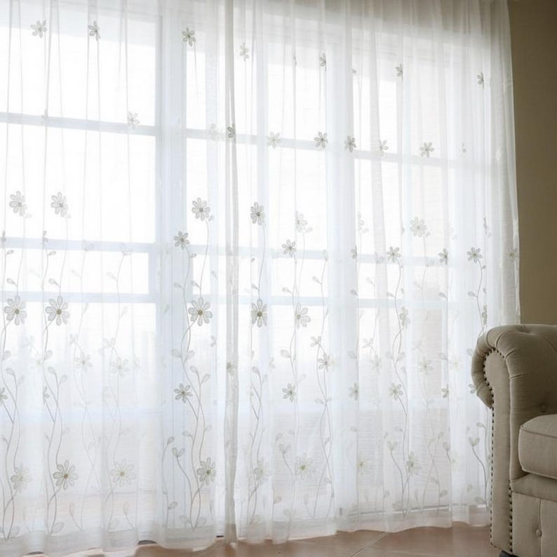 Daisy Embroidery Sheer Curtains - White Floral Drapes, Custom Size (2 ...