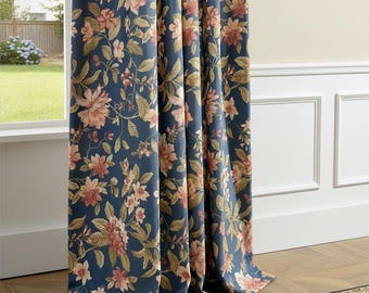 Custom Blue Floral Blackout Curtains, Farmhouse Style, Cotton Linen Blend
