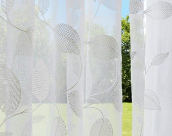 Cortinas blancas transparentes con bordado de hojas: cortinas a medida (2 paneles)