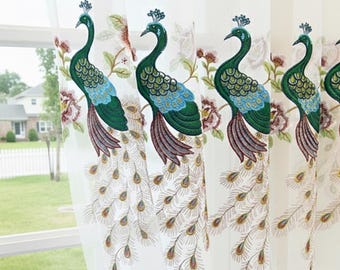 Custom Size Curtains, 2 Panels White Sheer Curtains, Peacock and Floral Embroidery, Elegant Drapes