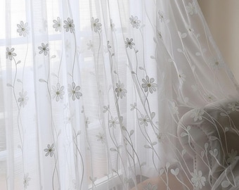 Daisy Embroidery Sheer Curtains - White Floral Drapes, Custom Size (2 Panels)