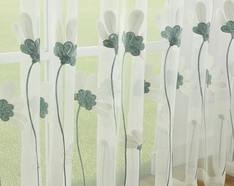 Handmade White Sheer Curtains with Floral Embroidery: Custom Window Panels