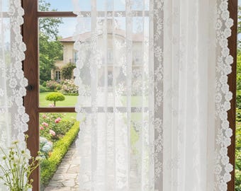 Cortinas transparentes de encaje floral blanco hechas a mano con ribete de jacquard, juego de 2 paneles personalizado