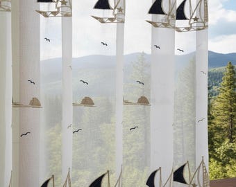 Sailboat Embroidery Sheer Curtains: Nautical Coastal Decor (2 Panels)