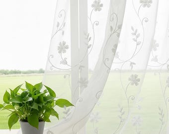 Cortinas blancas transparentes personalizadas con bordado floral de enredadera, 2 paneles