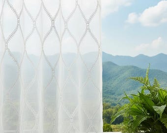 Custom White Sheer Curtains with Diamond Jacquard Embroidery: Two Panels