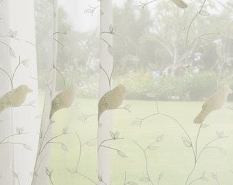 Cortinas blancas transparentes con bordado de pájaros y ramas, paneles hechos a mano y personalizados.