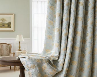 Cortinas opacas verdes personalizadas: jacquard rosa amarillo, estilo cottagecore (2 paneles)