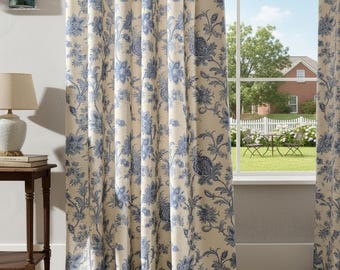 Cortinas personalizadas con estampado floral beige y azul, estilo rústico vintage, de algodón y lino, opacas, 2 paneles