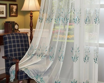 Handmade White Sheer Curtains: Blue Floral Sequin Embroidery, Custom Size