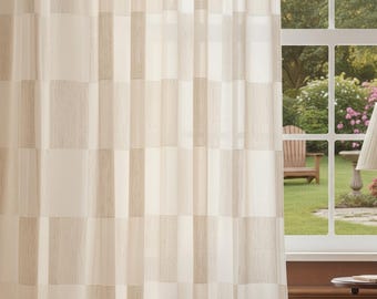 Cortinas a cuadros de lino beige hechas a medida, estilo rústico moderno, 2 paneles