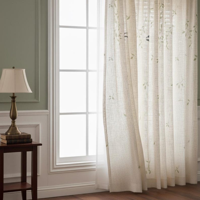 May include: Cream-coloured linen curtains with a subtle green leaf design are draped near a white-framed window. A brass lamp with a cream shade sits on a dark wood side table with books. The room has a neutral colour palette.