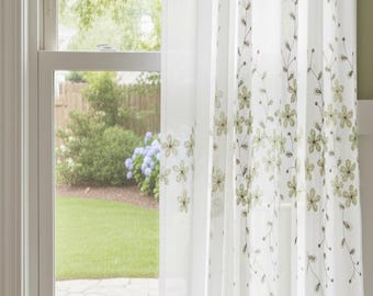Cortinas blancas transparentes personalizadas (juego de 2): ribete de encaje con bordado floral verde