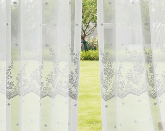 Cortinas blancas transparentes hechas a mano: encaje floral bordado, jacquard (2 paneles)