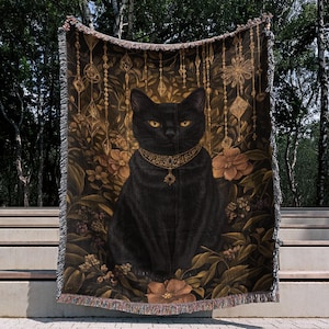 ゴシックな黒猫の織りブランケット、ヴィンテージスローブランケット、魔女風ボヘミアンタペストリー、神秘的な壁掛け、ウォールアート、黒猫好きへのギフト、ホームデコレーション
