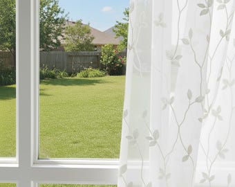Cortinas blancas semitransparentes con bordado de hojas, estilo rústico, tamaño personalizado (2 paneles)