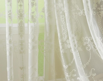 Cortinas transparentes con bordado floral europeo: cortinas blancas personalizadas (2 paneles)