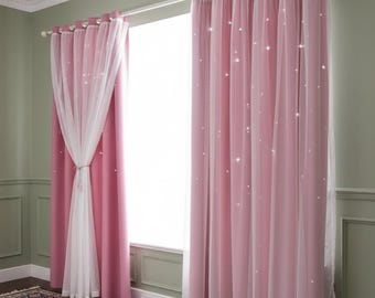 Cortinas opacas con recortes de estrellas: cortinas rosas para habitación infantil con transparencias blancas