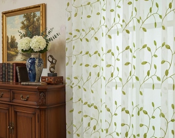 Cortinas blancas transparentes con bordado de hojas verdes, tamaño personalizado, 2 paneles