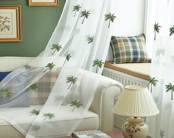 Cortinas blancas transparentes personalizadas: bordado de palmeras verdes (2 paneles)