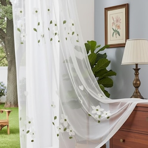 Cortinas blancas transparentes personalizadas, decoración floral bordada para ventana, 2 paneles