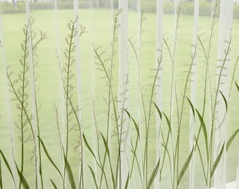 Cortinas blancas transparentes con bordado botánico verde - Hechas a mano, 2 paneles