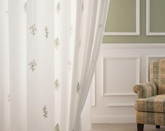 Cortinas blancas transparentes personalizadas (2 paneles): Bordado de hojas verdes