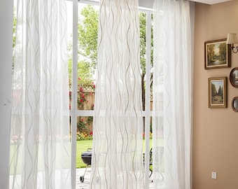 Custom Coffee Brown Sheer Curtains, Wave Embroidery, Two Panels