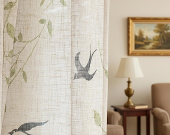 Cortinas de lino transparentes con estampado de hojas de sauce y golondrinas, estilo rústico (2 paneles)