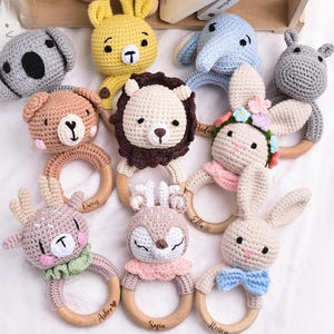 Animal Rattle with Name | Personalized Baby Shower Gift | Name Engraving Rattle | Rattle Ring for Newborn Gift | Crochet Toy For Baby
